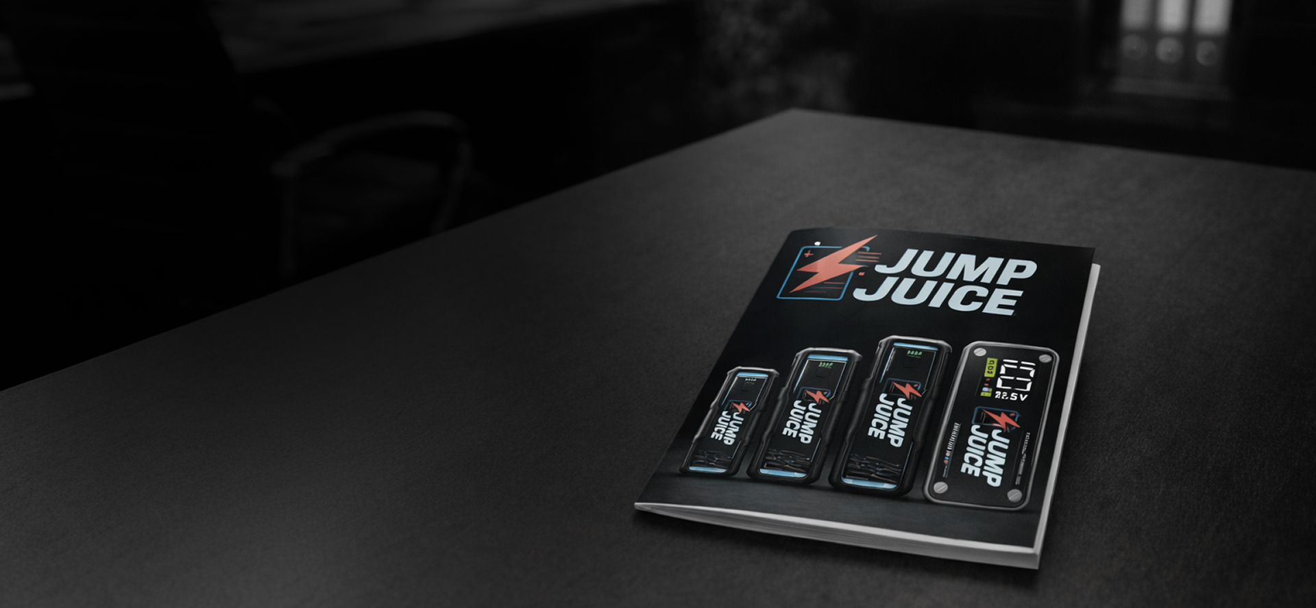 Jump Juice product brochure on a desk