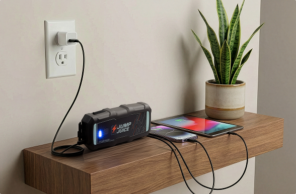 Jump Juice charging phone and tablet on a shelf